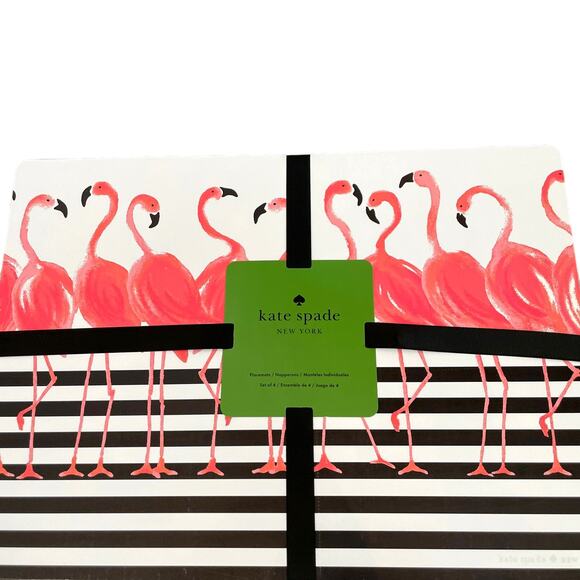 KATE SPADE Pink Flamingo Black Striped Easy Care Vinyl Placemats Set of 4 NEW - Picture 1 of 9